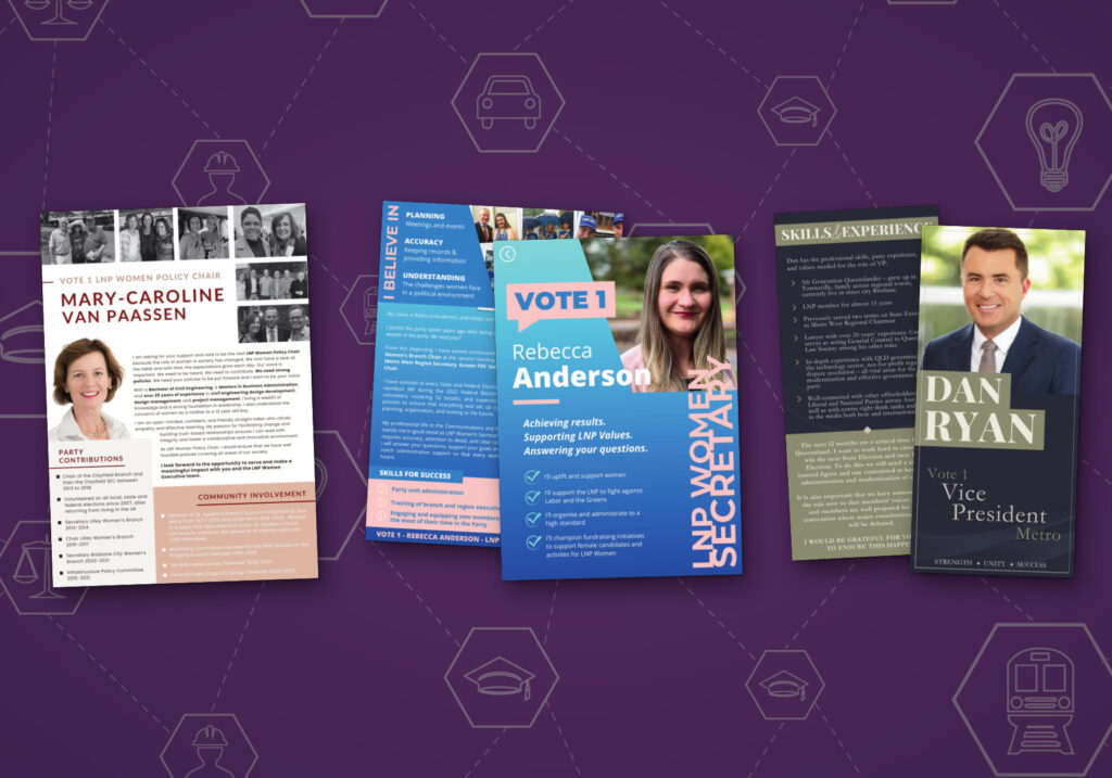 LNP party elections: flyers for Mary-Caroline van Paassen (Women Policy Chair), Rebecca Anderson (Women Secretary) and Dan Ryan (Vice President, Metro)