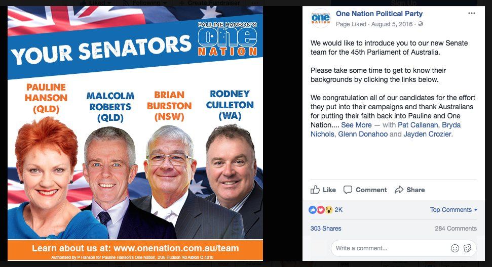 Pauline Hanson's One Nation: Facebook post, your senators