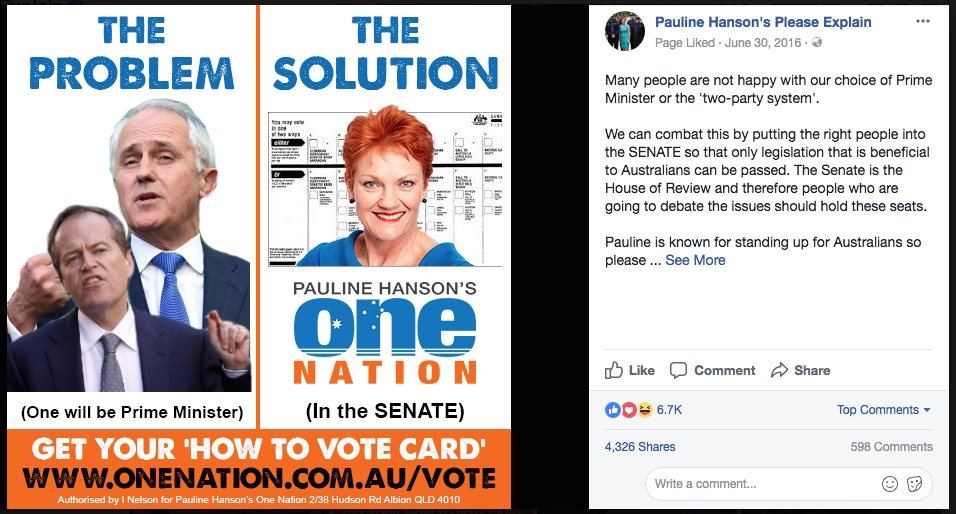 Pauline Hanson's One Nation: Facebook post, the problem, the solution