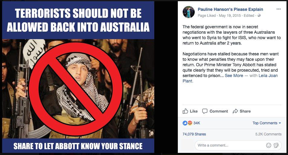 Pauline Hanson's One Nation: Facebook post