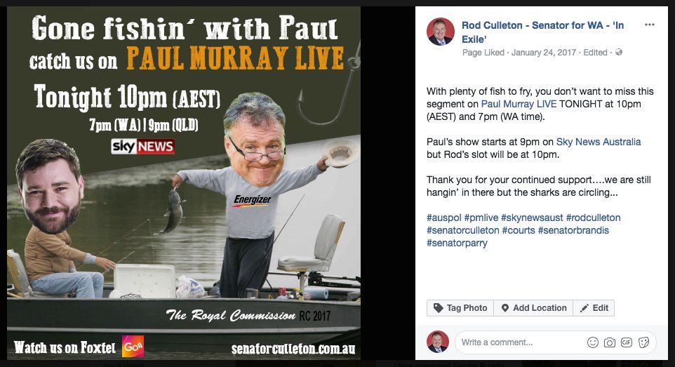 Senator Rod Culleton: Facebook post, Paul Murray Live appearance